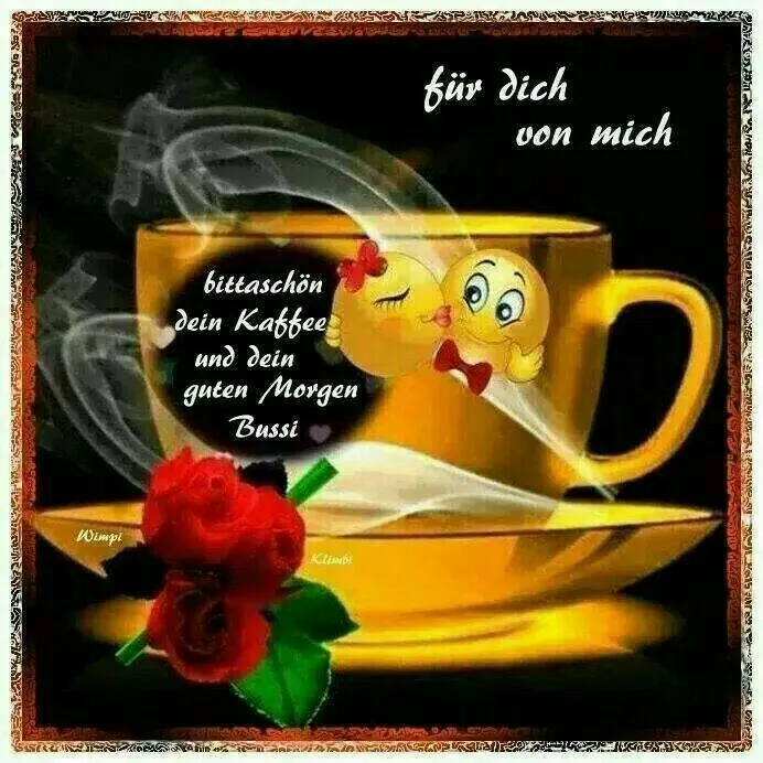 Eine gelbe Kaffeetasse mit Rauch, Rosen und einer netten Botschaft.