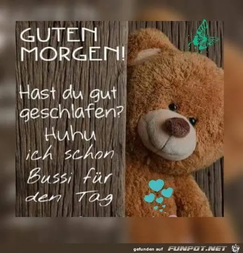 Kuscheltier Bär mit der Aufschrift "Guten Morgen! Hast du gut geschlafen?"