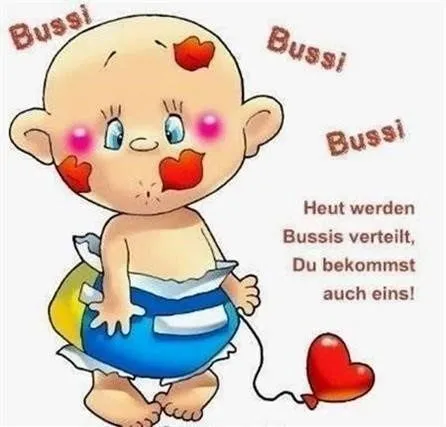 Ein Kind mit Kussmündern auf dem Gesicht und einem Herzballon. Text über Küsschen.