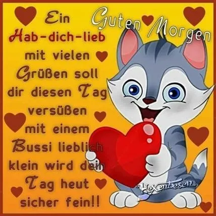 Ein cartoonartige Katze hält ein rotes Herz und wünscht einen guten Morgen.