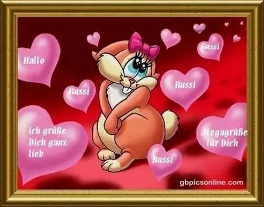 Ein niedlicher Hase mit einer Schleife, umgeben von Herzen und liebevollen Grüßen.