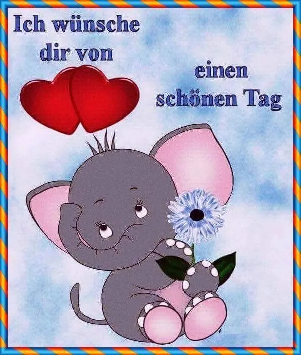 Ein grauer Elefant sitzt mit einer Blume und wünscht einen schönen Tag. zwei Herzen.