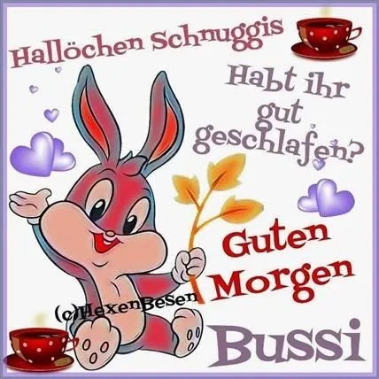 Ein niedlicher Hase mit Tasse, der "Guten Morgen" sagt. Herzchen um ihn herum.