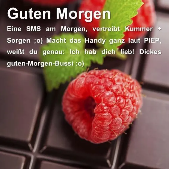 Auf einem Schokoladenhintergrund liegt eine Himbeere mit einem Text darüber.
