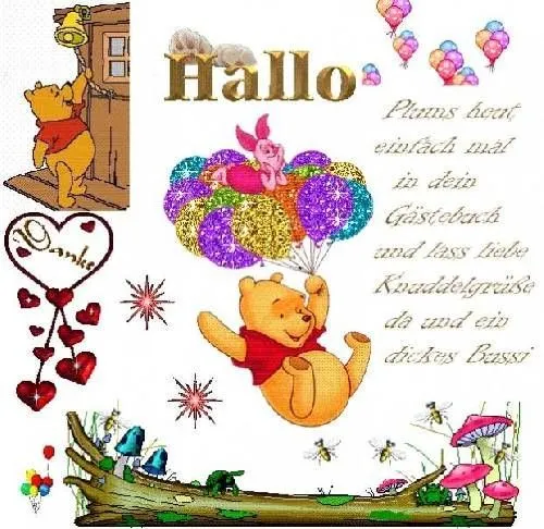 Ein fröhlicher Teddybär schwebt mit Ballons und begrüßt mit "Hallo". Farbige Elemente um ihn herum.