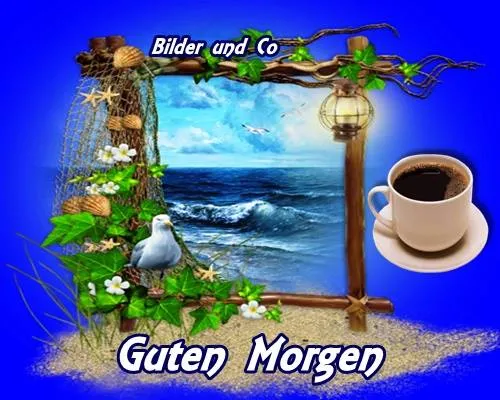 guten morgen deutschland - Ein maritime Szene mit einem Vogel, einer Tasse Kaffee und dem Text "Guten Morgen".