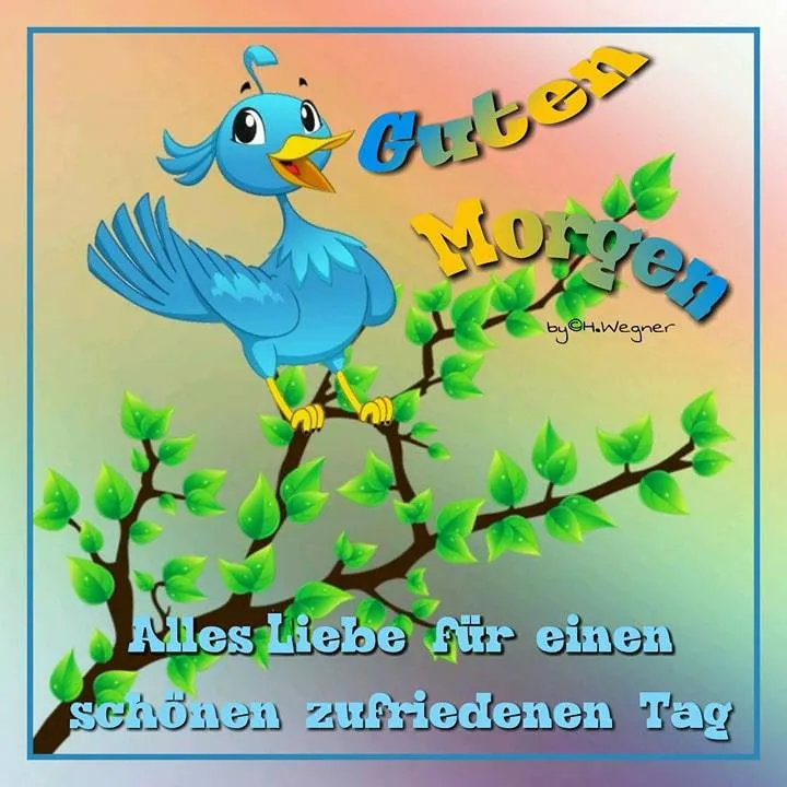 Bunter Hintergrund mit einem blauen Vogel auf einem Ast und dem Text "Guten Morgen".