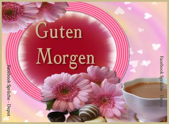 Text "Guten Morgen" vor einem roten Hintergrund mit Blumen und einer Tasse Kaffee.