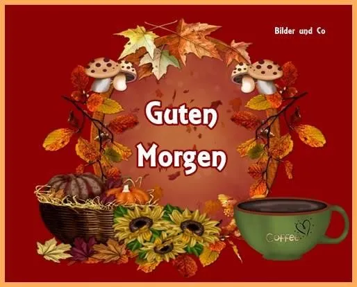 Ein Kaffeetasse, herbstliche Blätter und "Guten Morgen" Schriftzug.