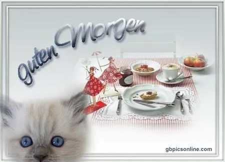 Frühstückstisch mit Leckereien und zwei Frauen in rotem Kleid. Kätzchen im Vordergrund.