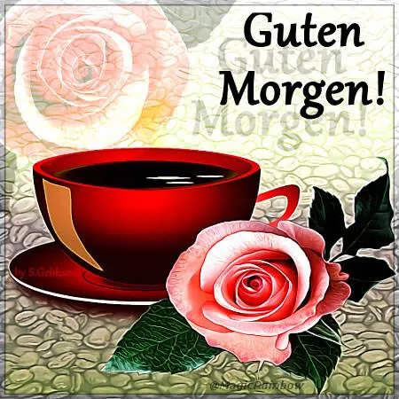 Eine rote Tasse und eine rosa Rose mit dem Text "Guten Morgen".