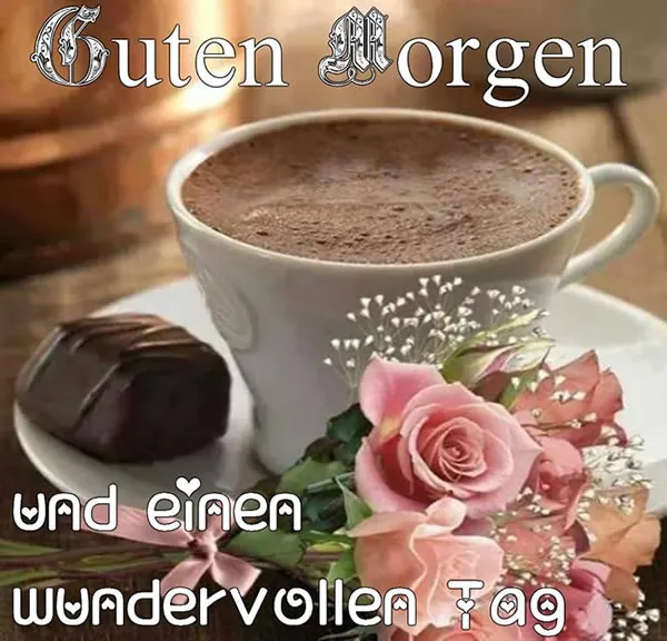 Tasse mit Kaffee, Schokolade und einem Blumenstrauß, beschriftet mit „Guten Morgen“.