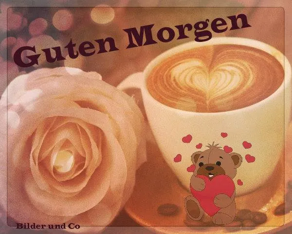 Eine Kaffeetasse mit Herzmuster neben einer rosa Rose und dem Text „Guten Morgen“.