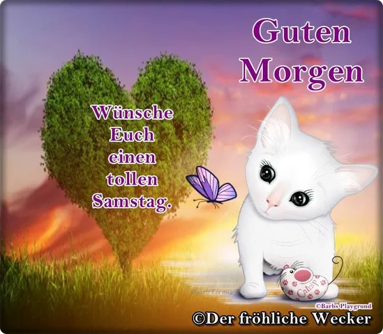 Weißes Kätzchen sitzt vor einem herzförmigen Baum mit einer lila Schmetterling.