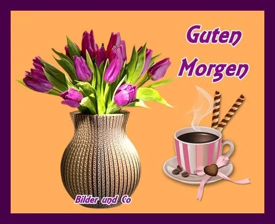 Vase mit lila Tulpen neben einer Tasse Kaffee und dem Text "Guten Morgen".