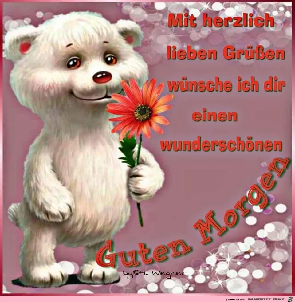 Ein freundlicher weißer Bär hält eine Blume und wünscht einen guten Morgen.