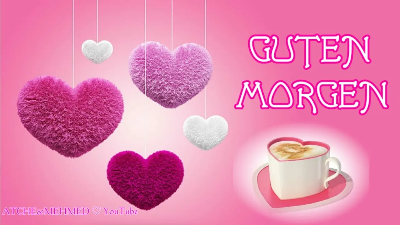 Rosa Herzen hängen von oben, rechts eine Tasse mit Herz und Schriftzug „Guten Morgen“.