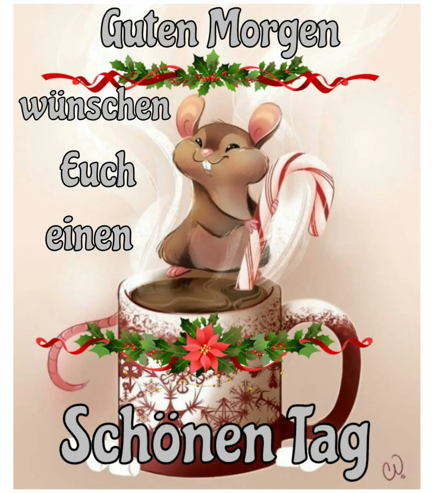 Eine Maus sitzt in einer Tasse mit heißer Schokolade und hält ein Zuckerstück.