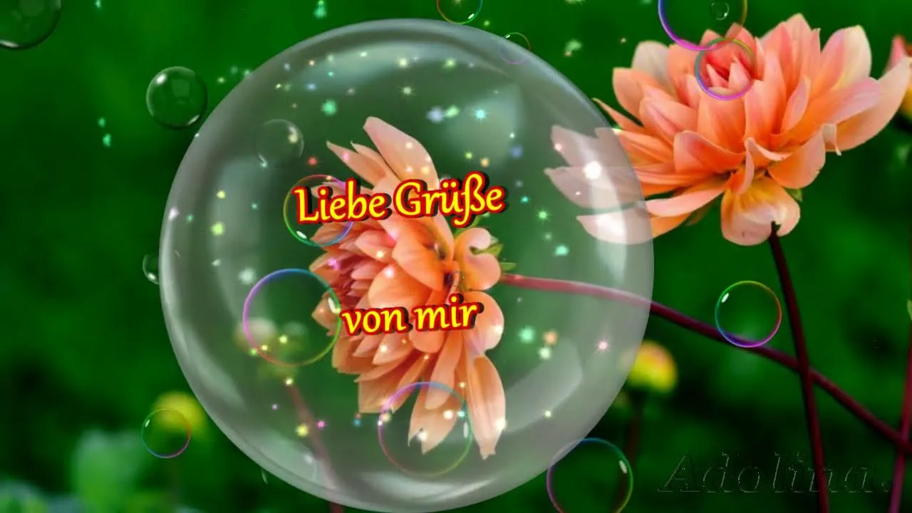 Eine Blume in einer Seifenblase mit dem Text „Liebe Grüße von mir“.