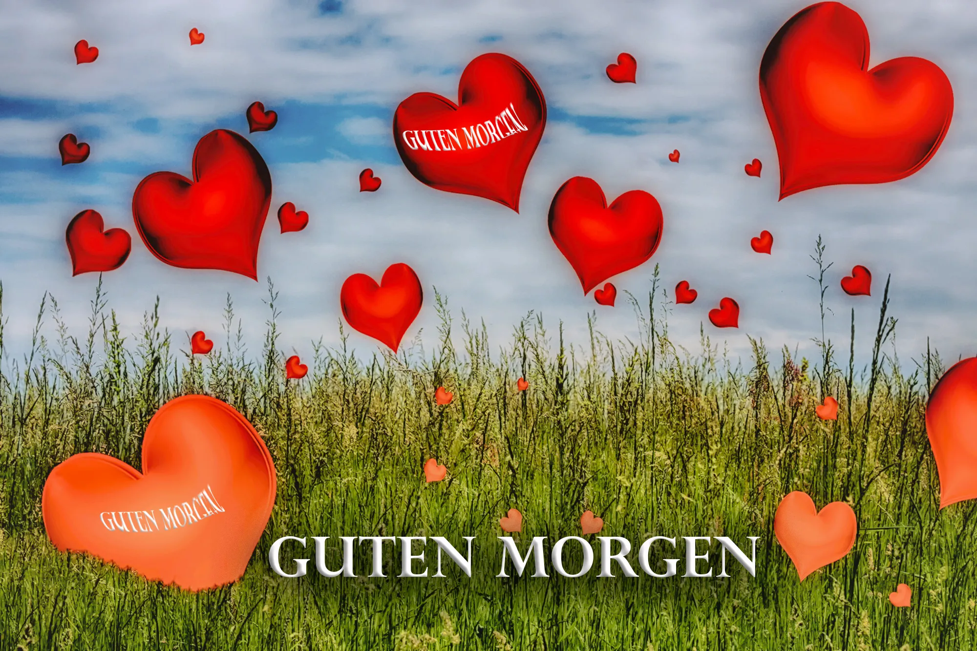 Rote Herzformen mit dem Text "Guten Morgen" schweben über einem grünen Feld und blauem Himmel.