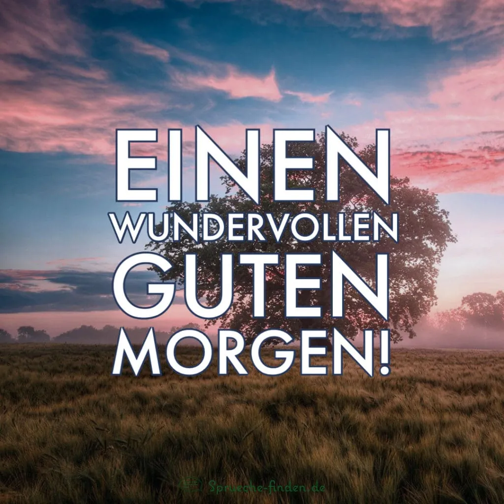 Text auf einem Bild: "Einen wundervollen guten Morgen!" über einem Landschaftshorizont.