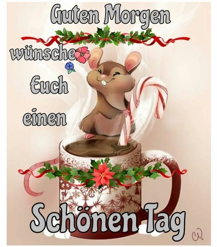 guten morgen gruse - Eine Maus mit Zuckerstöcken sitzt in einer Tasse, umgeben von Weihnachtsdeko.