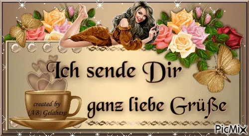Frau liegt vor bunten Blumen und einer Kaffeetasse mit dem Text „Ich sende Dir ganz liebe Grüße“.