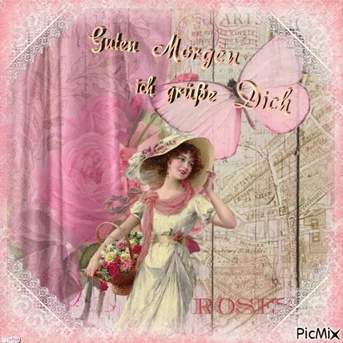 Vintage Bild einer Frau in einem Hut mit Blumen, umgeben von rosa dekorativem Hintergrund.