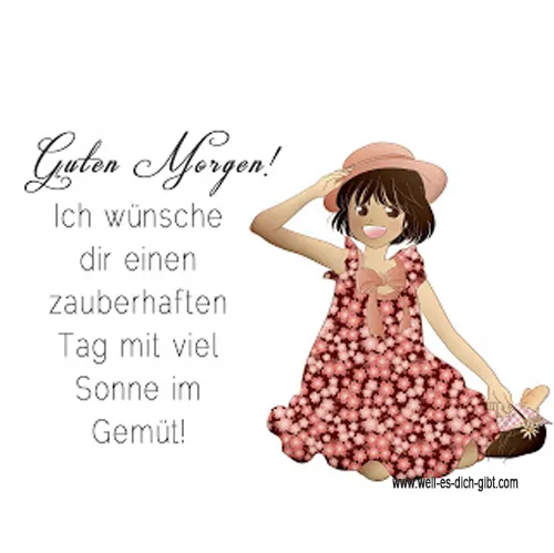 Ein Mädchen in einem blumigen Kleid hält einen Hut und lächelt. Text: "Guten Morgen!"