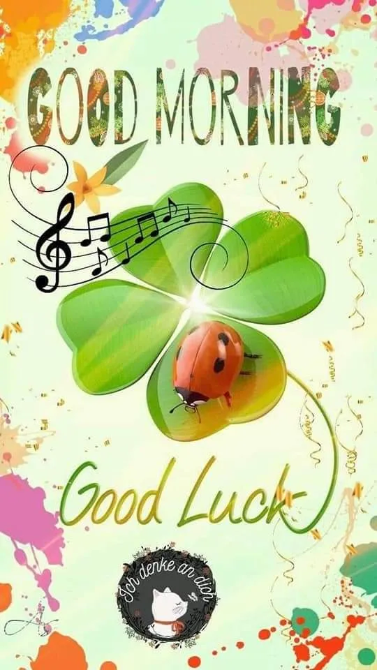 Kleeblatt mit Marienkäfer und Schriftzug „Guten Morgen“ und „Viel Glück“. Farbige Hintergründe.