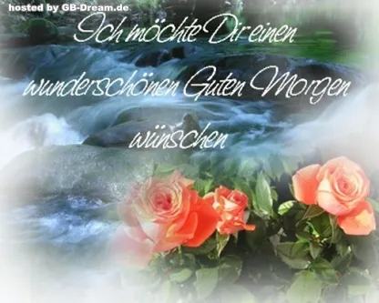 Ein Wasserfall mit rosa Rosen und dem Text „Einen wunderschönen Guten Morgen wünschen“.