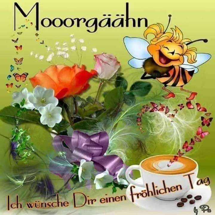 Biene mit Rosen und einer Tasse Kaffee, umgeben von Schmetterlingen und Blumen.