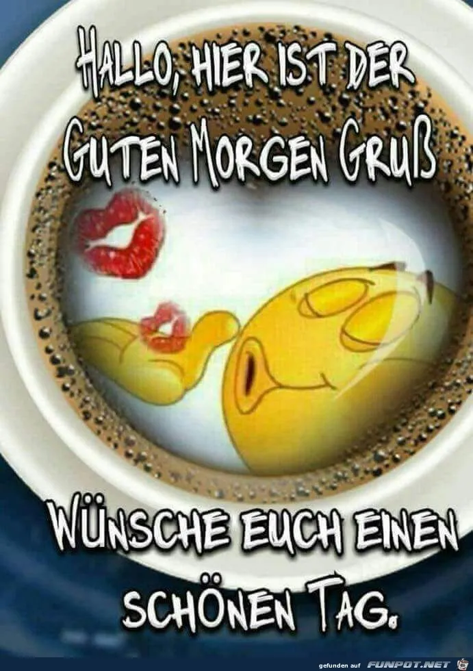 Tasse mit Kaffee, lächelndem Gesicht und Text „Guten Morgen“ auf dem Rand.
