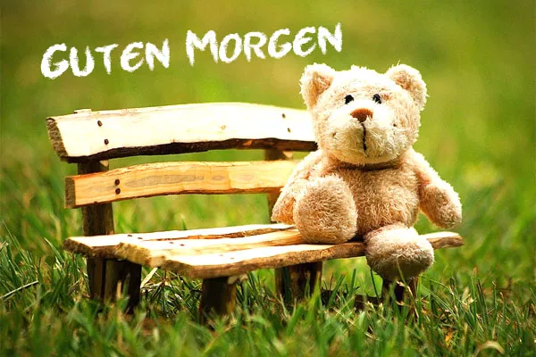 Ein Teddybär sitzt auf einer kleinen Holzbänkchen im Gras.