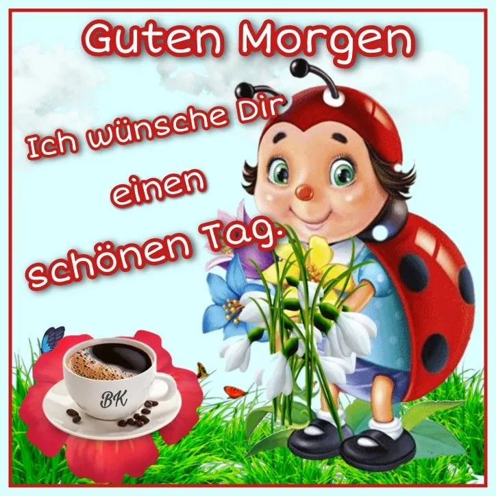 Ein Käferkind mit Blumen und einer Tasse Kaffee. Text "Guten Morgen" im Hintergrund.