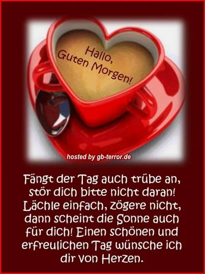 Herzförmige Tasse mit Kaffee, Text mit freundlichen Morgenwünschen.