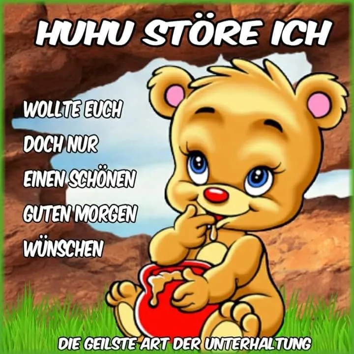 Ein niedlicher Bär sitzt und hält einen Honigtopf, um guten Morgen zu wünschen.