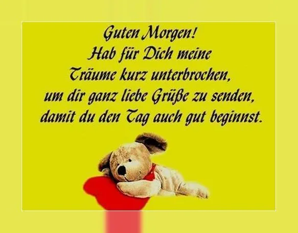 Gelbe Hintergrundgrafik mit einem Teddy und dem Text „Guten Morgen! Habe für dich…“.