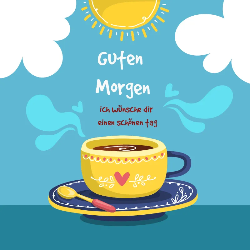 Gelbe Tasse Kaffee auf blauem Unterteller, mit Sonne und Wolken im Hintergrund.