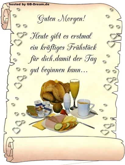 Ein Frühstückstisch mit Brötchen, Käse, Schinken, Saft und Kaffee. Guten Morgen!