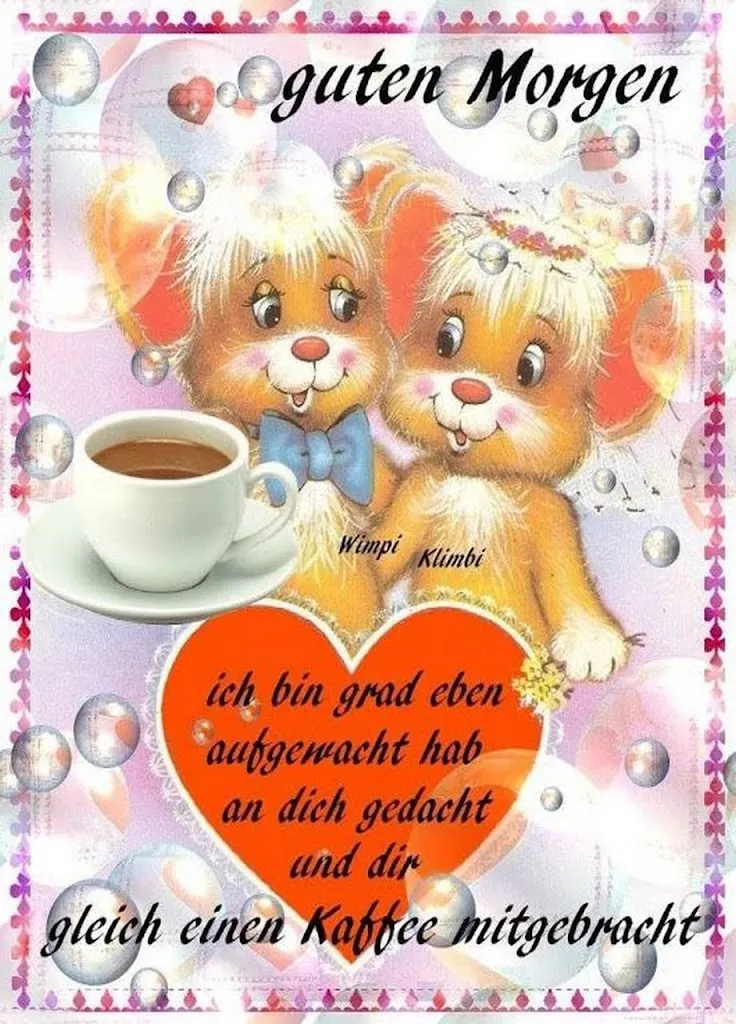 Zwei niedliche Cartoon-Katzen mit einer Kaffeetasse und einem roten Herz.