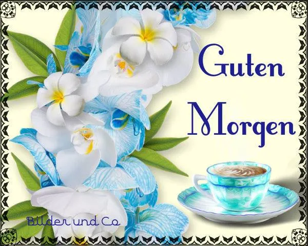 Blumenarrangement und Tasse mit Kaffee auf hellgelbem Hintergrund mit Text „Guten Morgen“.