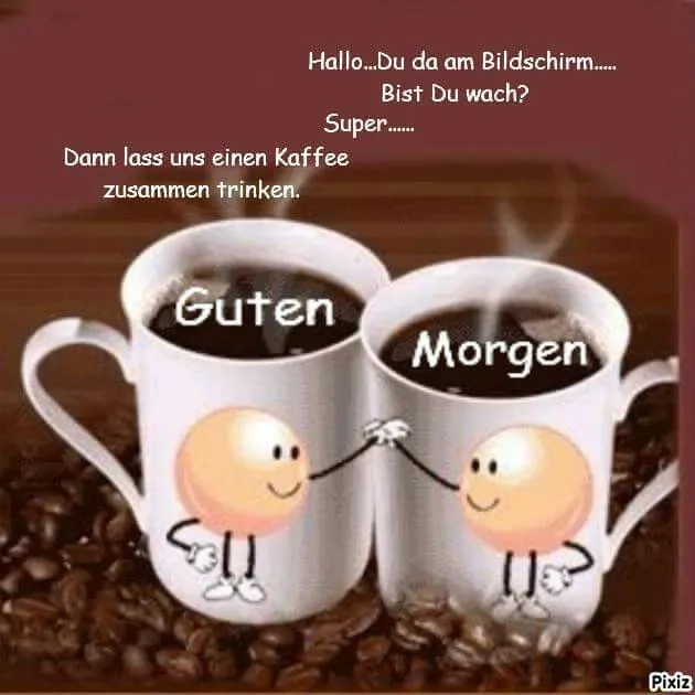 Zwei Tassen Kaffee mit freundlichen Gesichtern, darunter der Text „Guten Morgen“.