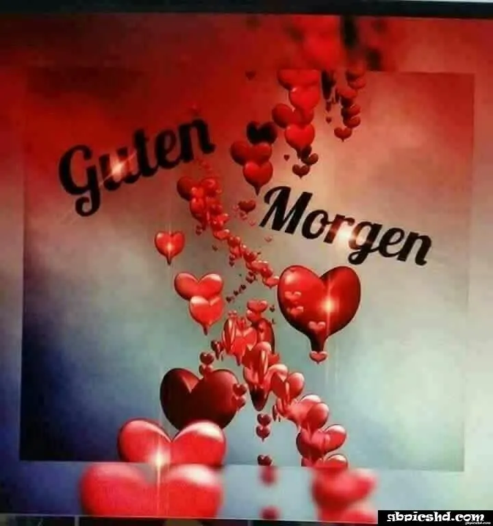 Rote Herzen schweben mit dem Text "Guten Morgen" im Hintergrund.
