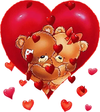 Zwei niedliche Bären umarmen sich vor einem großen roten Herz. Rote Herzen fallen herab.