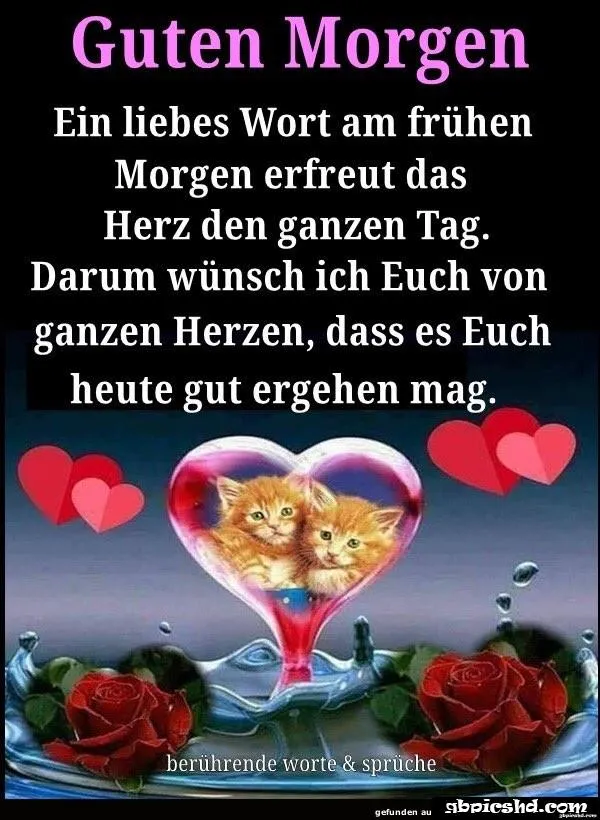 Zwei Kätzchen in Herzform umgeben von Rosen, mit einem Guten-Morgen-Gruß.