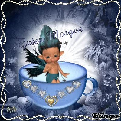 Ein kleiner Elf sitzt in einer Teetasse vor einem Blumenhintergrund. Text: Guten Morgen.