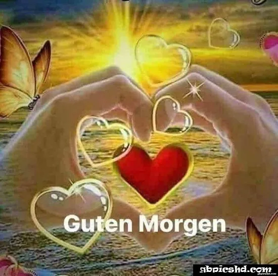 Zwei Hände bilden ein Herz, umgeben von Herzen und einem Sonnenaufgang. Text: Guten Morgen.