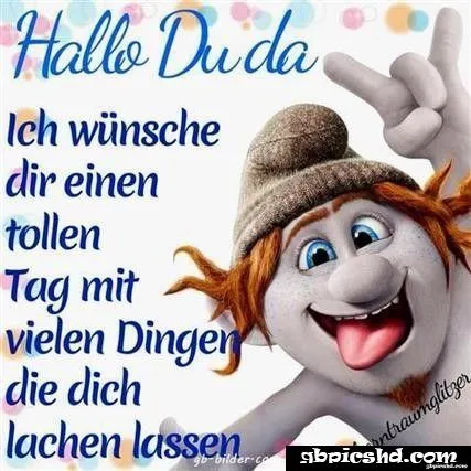 guten morgen lustig schönen tag - Ein fröhlicher Cartoon-Charakter mit rotem Haar und Mütze, umgeben von Text.