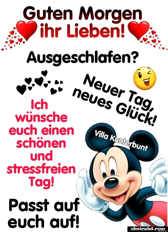 Ein Banner mit freundlichen Morgenwünschen und einer Mickey Mouse Illustration.